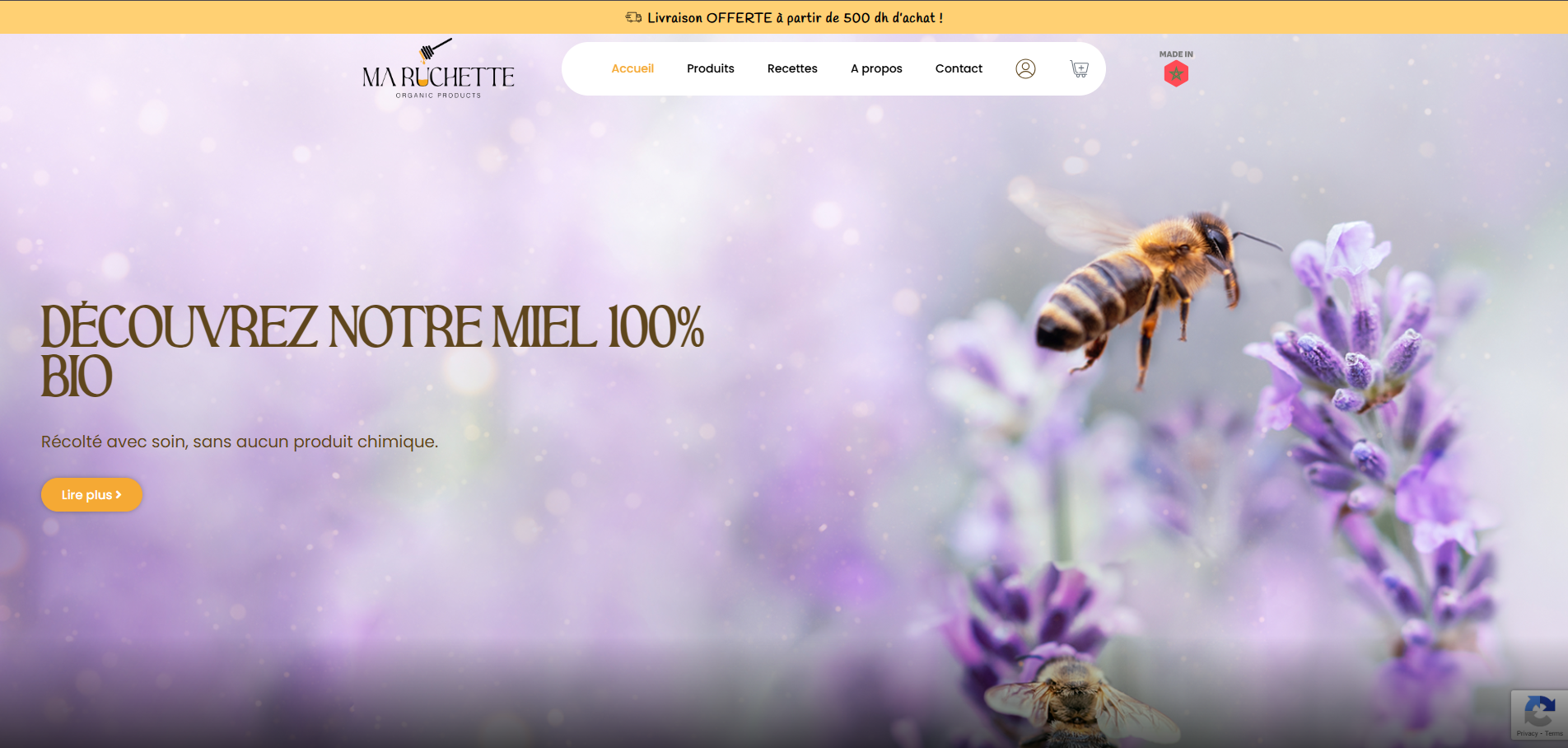 Capture d'écran de la page d'accueil version bureau du site e-commerce Ma Ruchette, mettant en valeur la section Hero, la navigation principale et le design visuel sur le thème de la lavande.