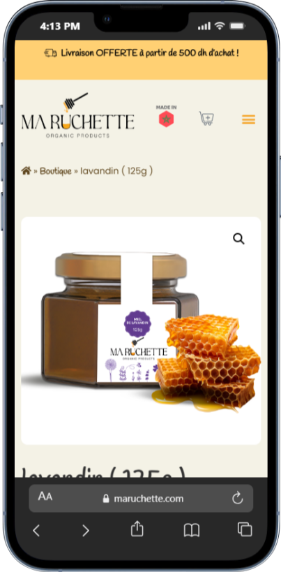 Interface mobile responsive du site e-commerce Ma Ruchette présentée sur une maquette de smartphone, affichant la mise en page de la fiche produit.