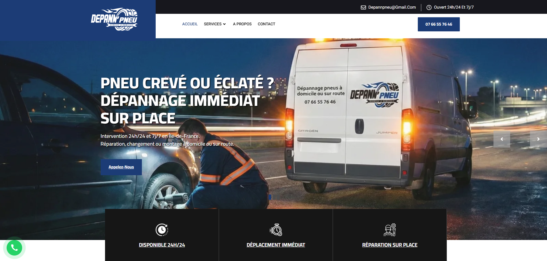 Page d'accueil desktop Dépann Pneu pour le dépannage immédiat de pneus en Île-de-France