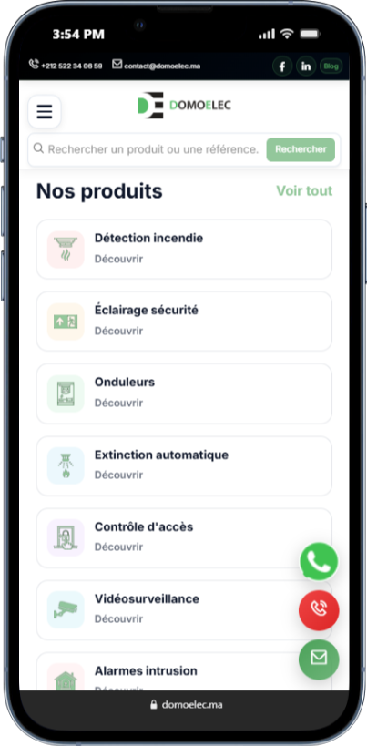 Interface catalogue mobile Domoelec présentant les solutions de sécurité et domotique