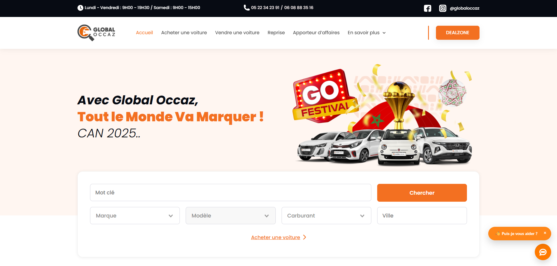 Page d'accueil desktop Global Occaz présentant le moteur de recherche de véhicules d'occasion au Maroc