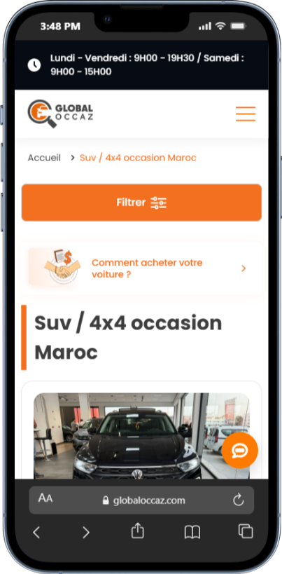 Interface mobile Global Occaz pour la recherche de SUV et 4x4 d'occasion au Maroc