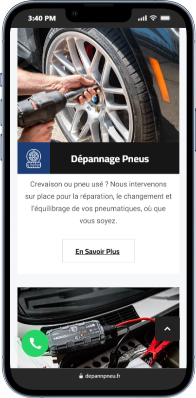 Interface mobile Dépann Pneu proposant des services de réparation et changement de pneumatiques sur place