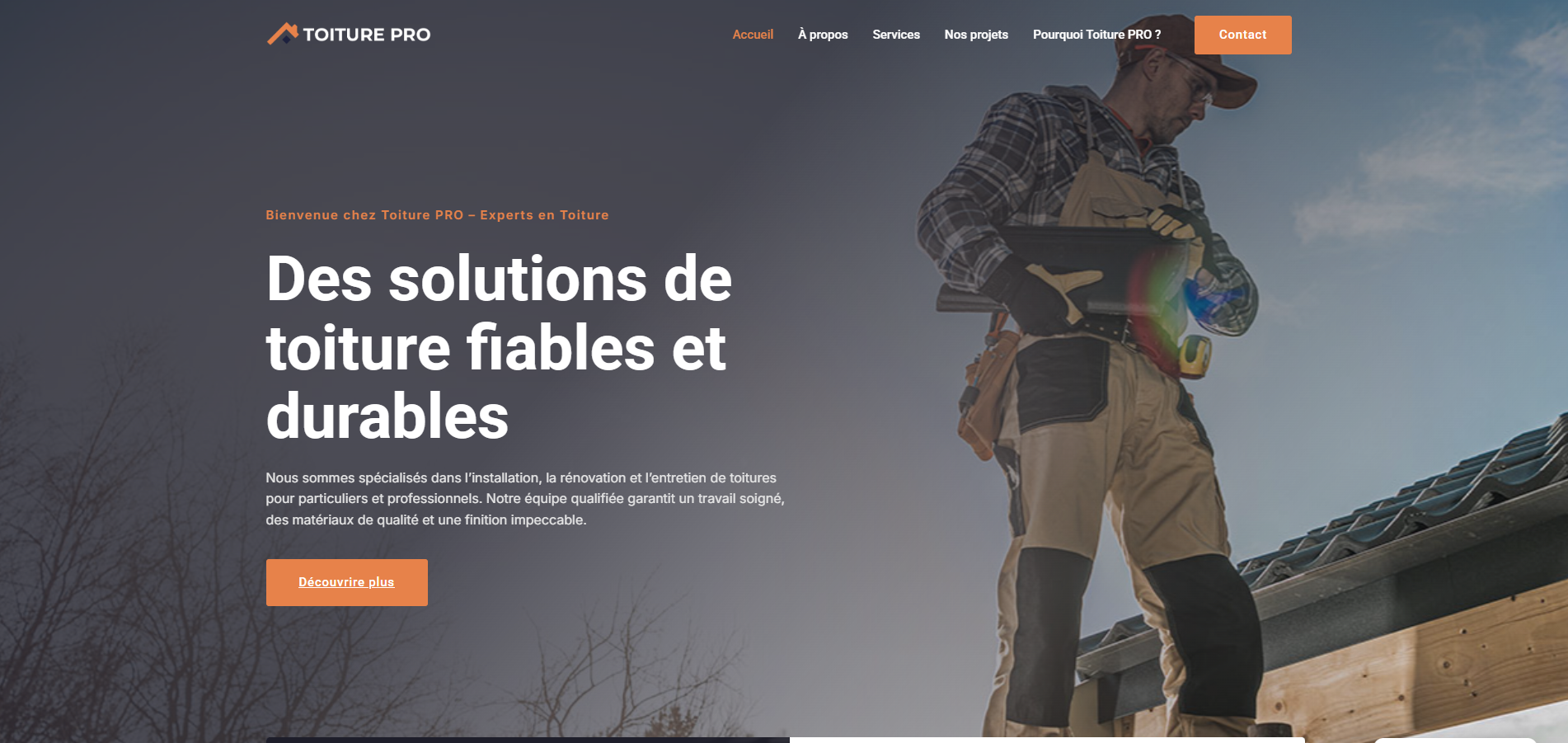 Page d'accueil desktop de Toiture Pro présentant des solutions de toiture fiables et durables