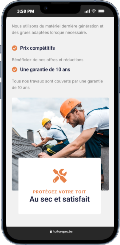 Interface mobile optimisée pour Toiture Pro affichant les garanties et prix