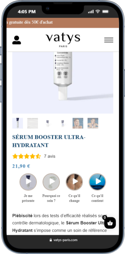 Aperçu sur smartphone du site e-commerce Vatys Paris présentant un sérum booster ultra-hydratant avec avis clients et vidéos explicatives.