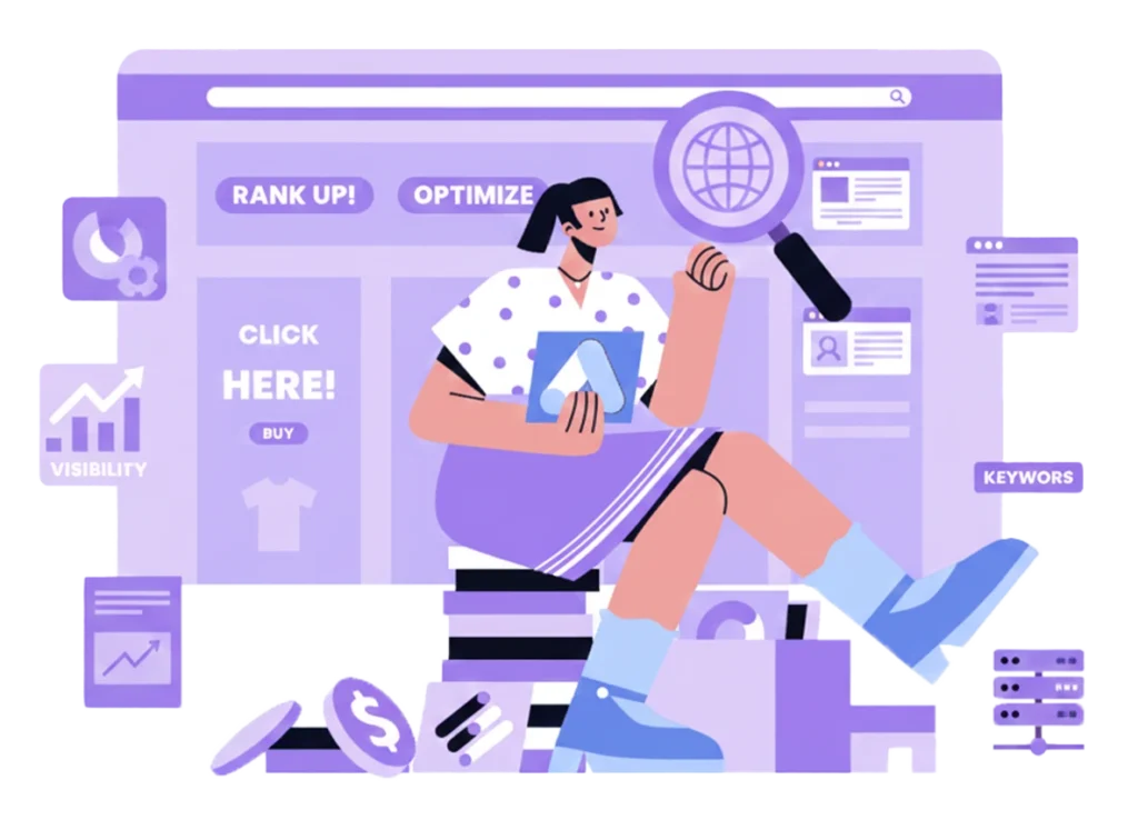 Texte Alternatif (Alt Text) : Illustration conceptuelle du référencement naturel (SEO) montrant l'optimisation de mots-clés, l'analyse de visibilité et le classement sur Google.