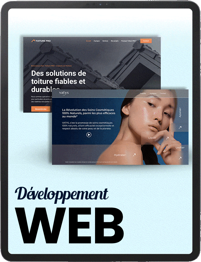 Animation portfolio développement web 3S Pro Tech avec exemples de sites Toiture Pro et Vatys