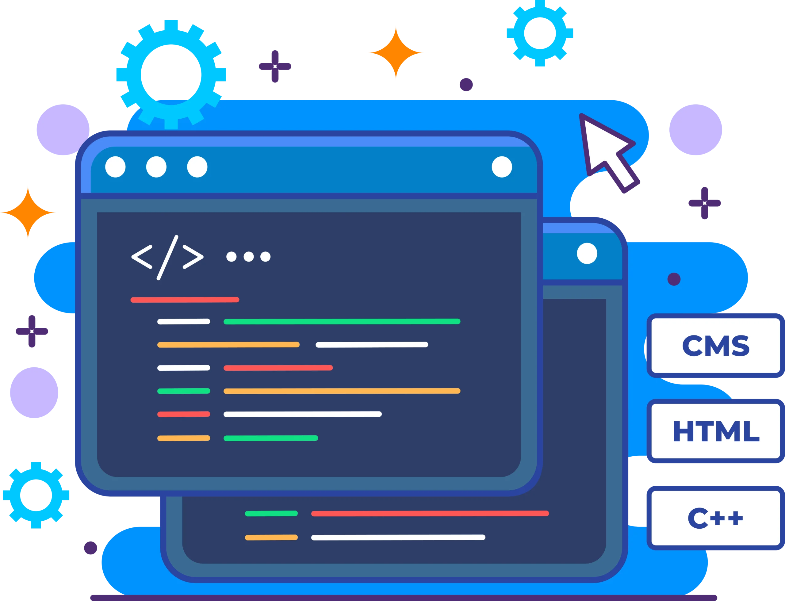 Illustration de services de développement web, CMS et programmation HTML C++