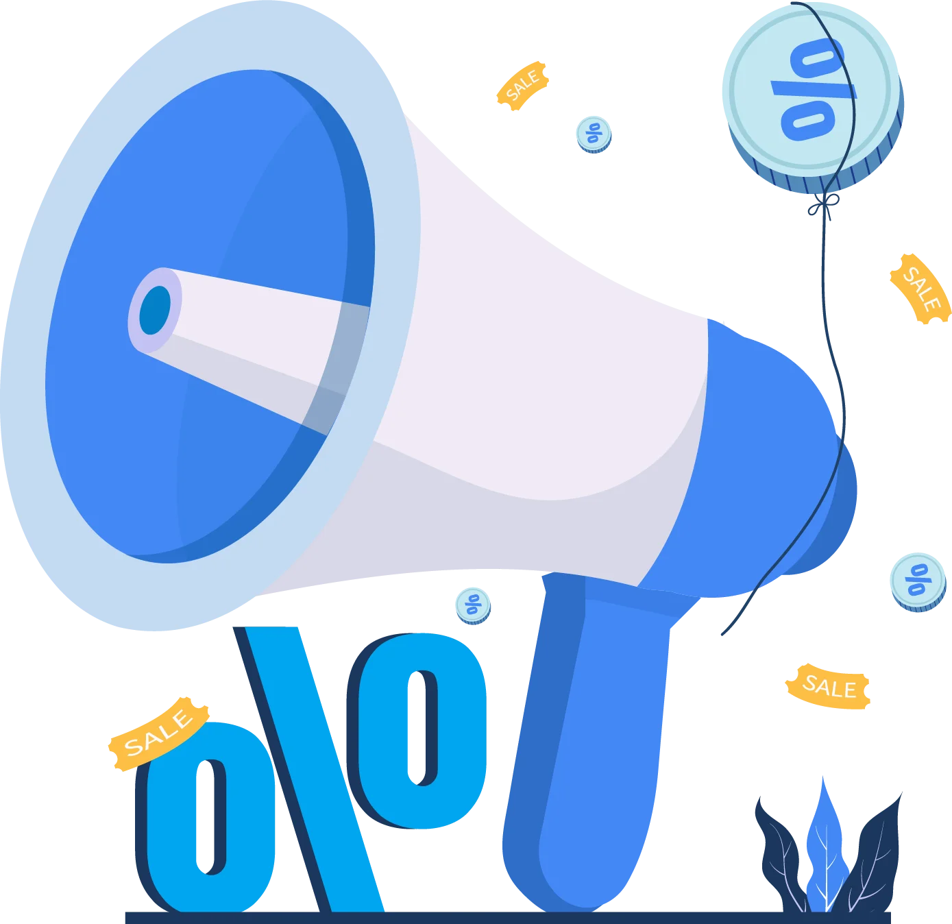 Illustration de marketing digital avec mégaphone et pourcentages pour campagnes publicitaires et promotions