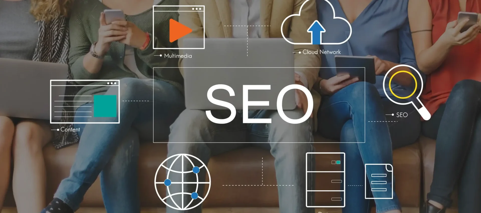 Infographie SEO montrant les piliers du référencement : contenu, domaine, données et réseau cloud.